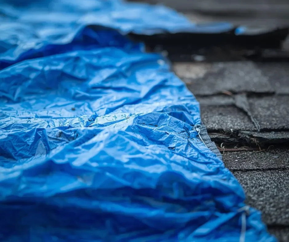 Close-up of an emergency blue tarp secured over damaged roof shingles in Little Egg Harbor, NJ by GRM Roofing
