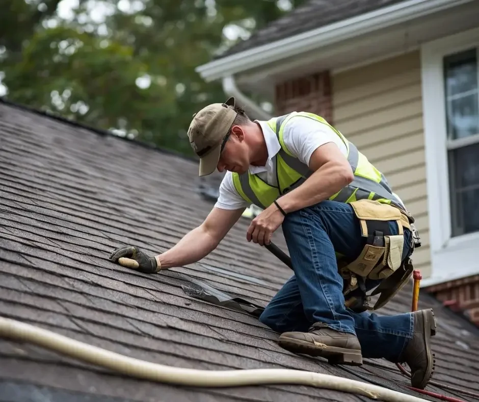 Local roofing contractor hand-nailing and replacing damaged asphalt shingles on a Toms River NJ home