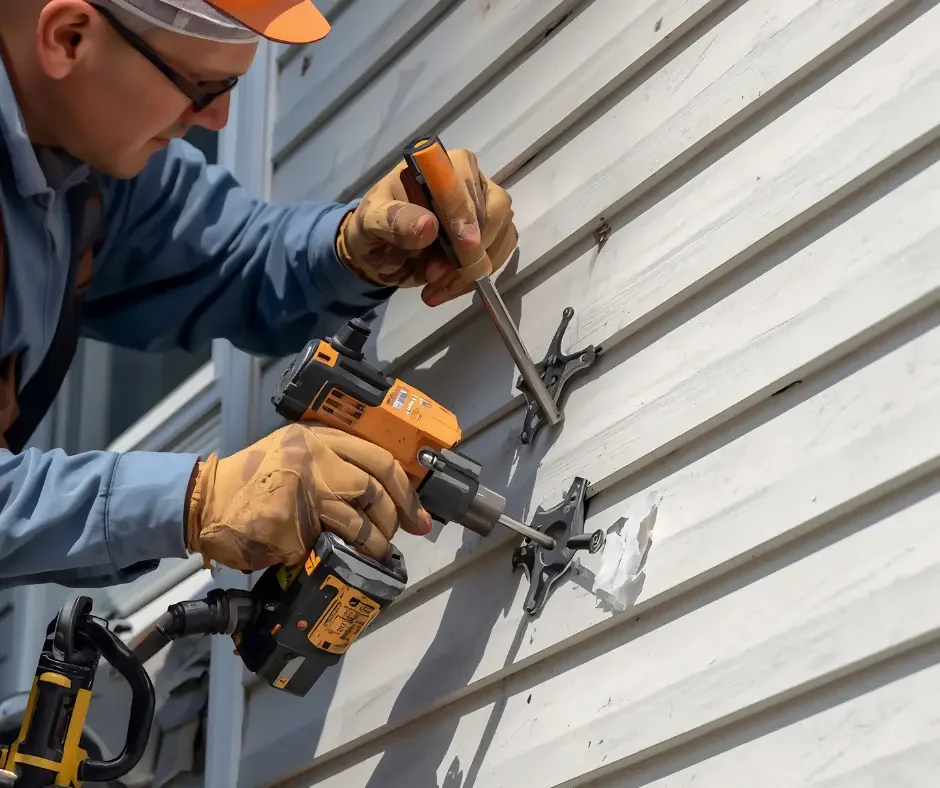 GRM Roofing technician using a drill to repair a damaged section of white vinyl siding in Ocean County, NJ