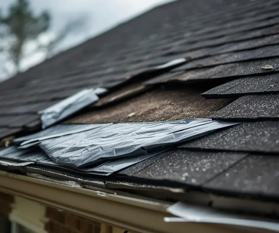 Close-up of damaged asphalt shingles with exposed underlayment on a residential roof in Ocean County NJ