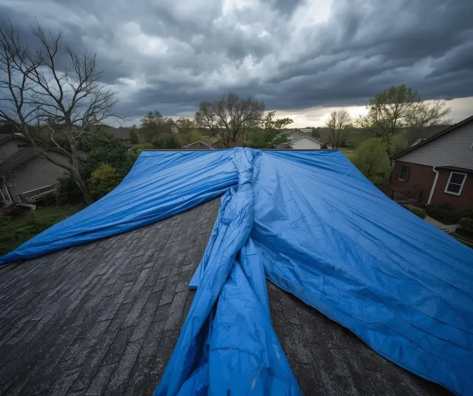 Blue emergency tarp covering a storm damaged residential roof under dark skies in Little Egg Harbor, NJ by GRM Roofing