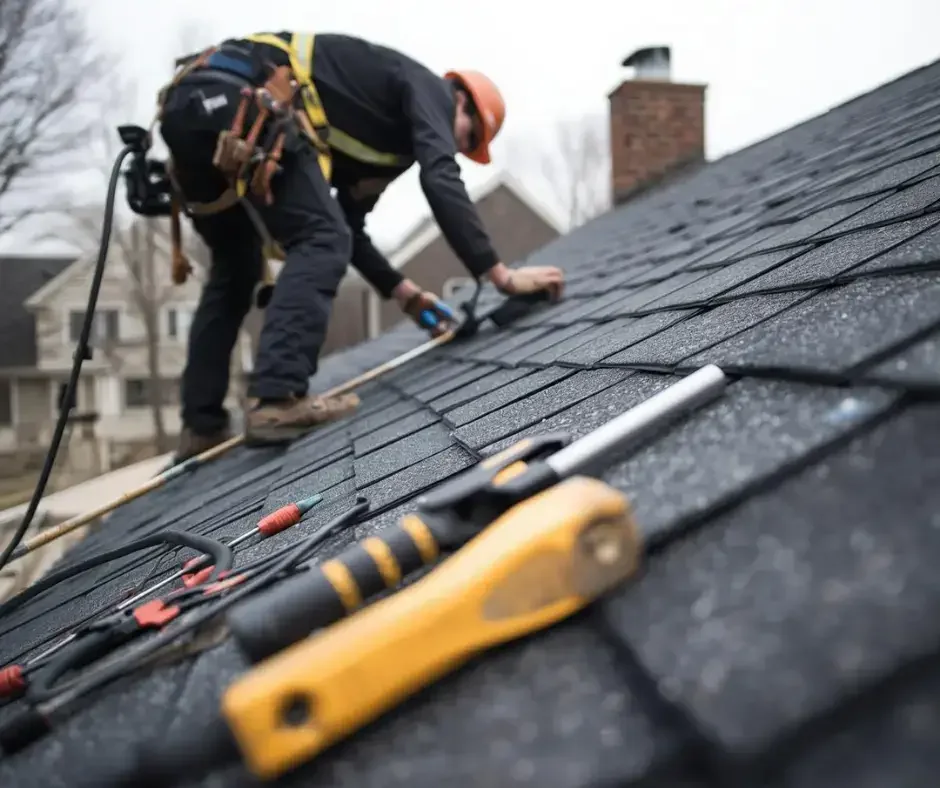 Roofer with safety harness installing dark asphalt shingles with roofing tools on a Lacey Township, NJ home