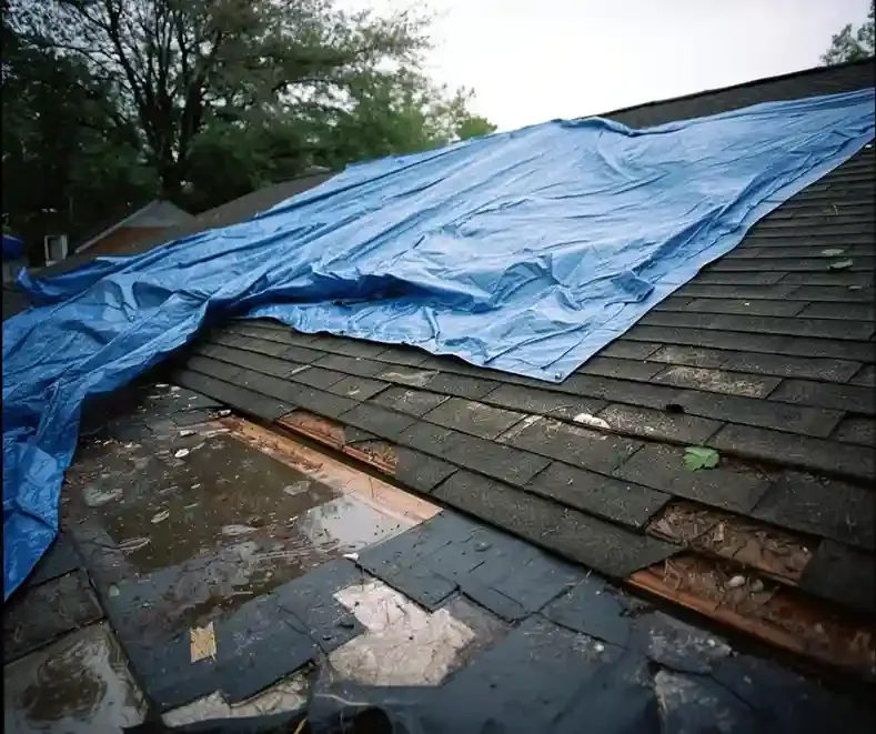 Emergency blue tarp covering storm damaged shingles and exposed roof decking in Ocean County, NJ by GRM Roofing
