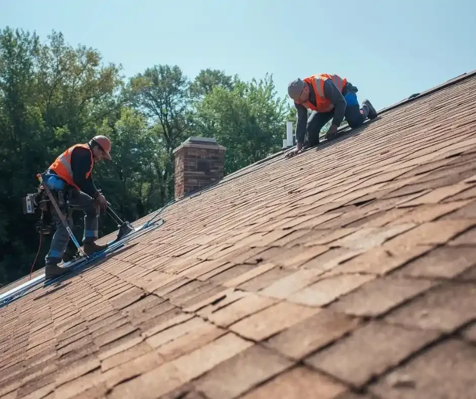 Two roofers in orange safety vests repairing worn curling shingles near a brick chimney in Ocean County NJ