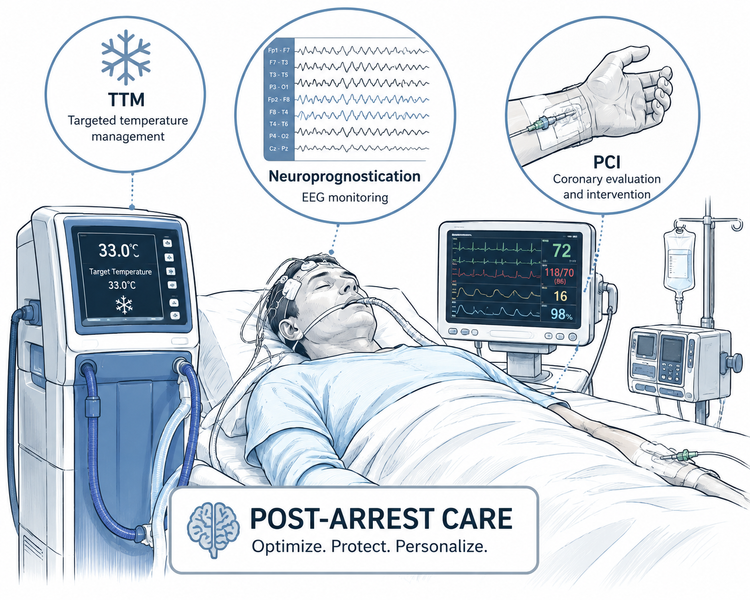 Hospital room with post-arrest patient care in progress
