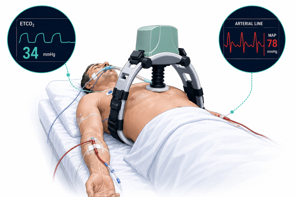 Clinician reviewing hemodynamic monitoring during resuscitation
