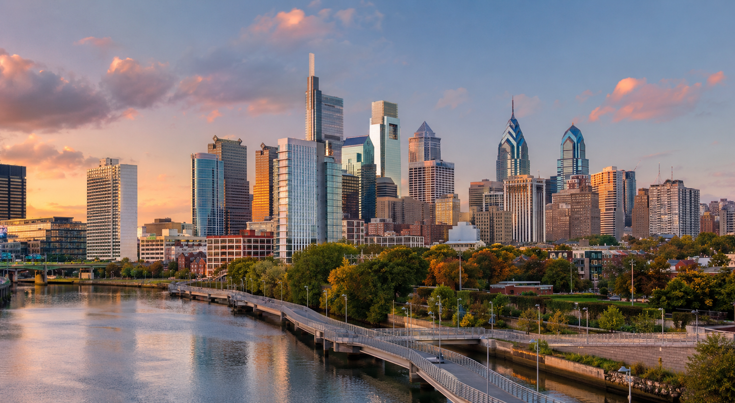 Philadelphia skyline at sunset