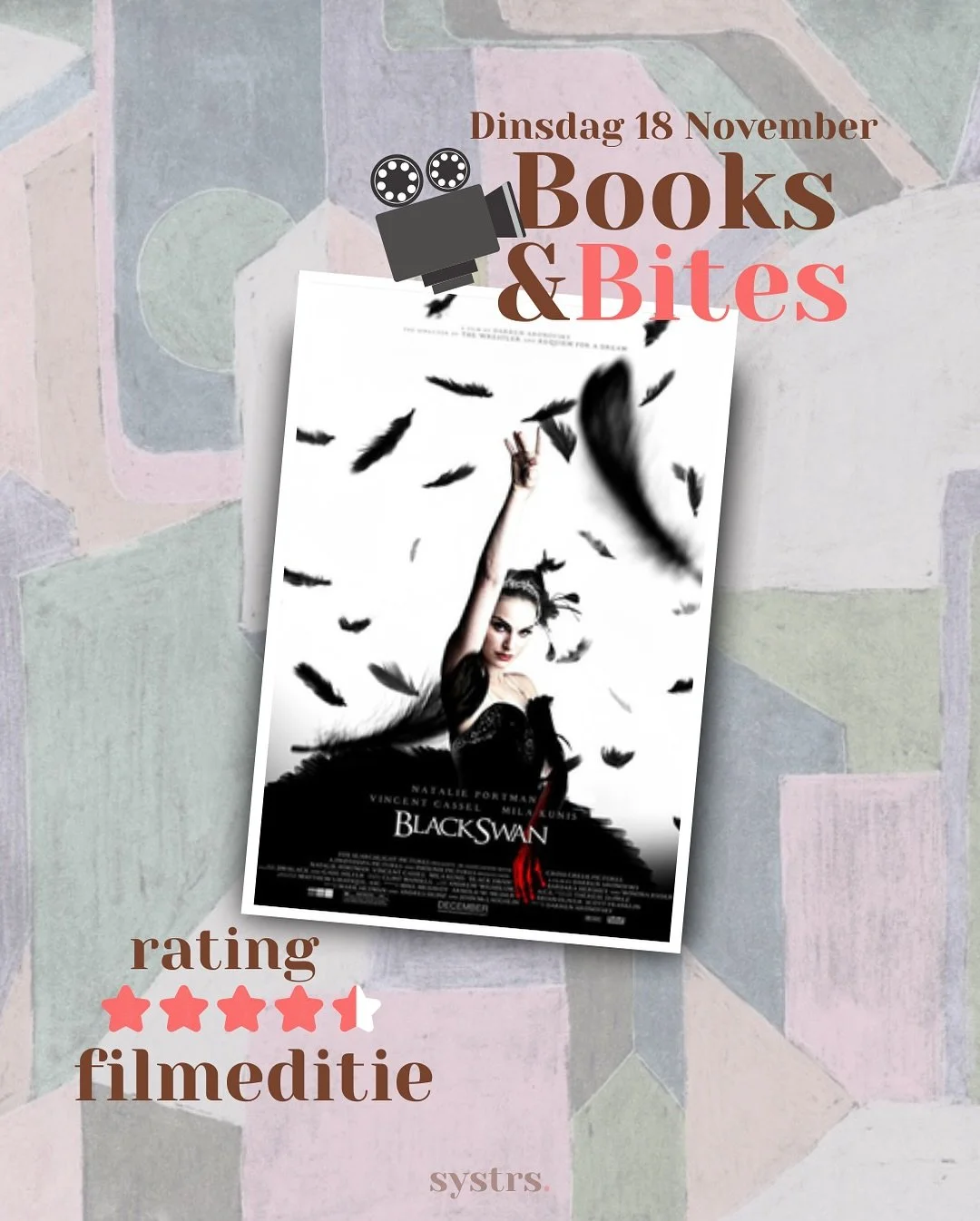 🦢 B L A C K  S W A N 🩰
Books & Bites, maar dan met een twist! Deze editie ruilen we het boek een keer in voor een film. Het idee blijft hetzelfde; je kijkt zelf de film wanneer het jou schikt en op 18 november praten we er samen over met een h