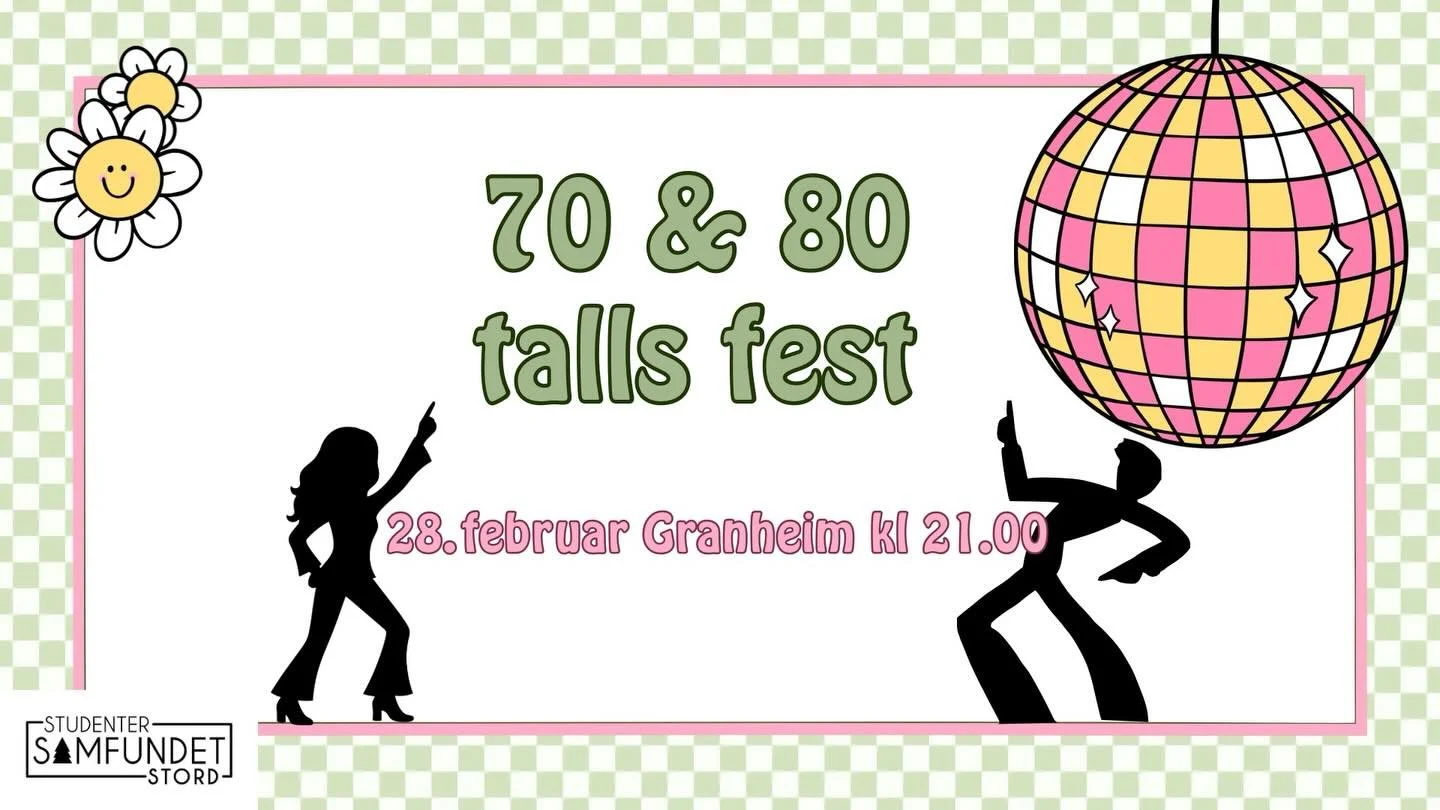 Wohoo! Ny fest 28. februar🕺
Denne gang er tema 70&amp;80- tallet! Sleng p&aring; deg ditt beste kostyme og bli med!
For meir info f&oslash;lg med p&aring; arrangement p&aring; facebook!