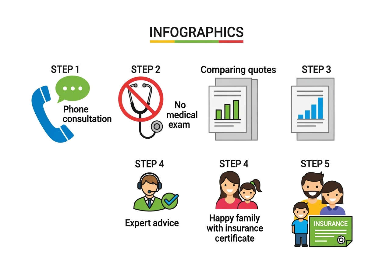 Infographic showing five steps of the life insurance application process: phone consultation, no medical exam, comparing quotes, expert advice, and receiving insurance certificate