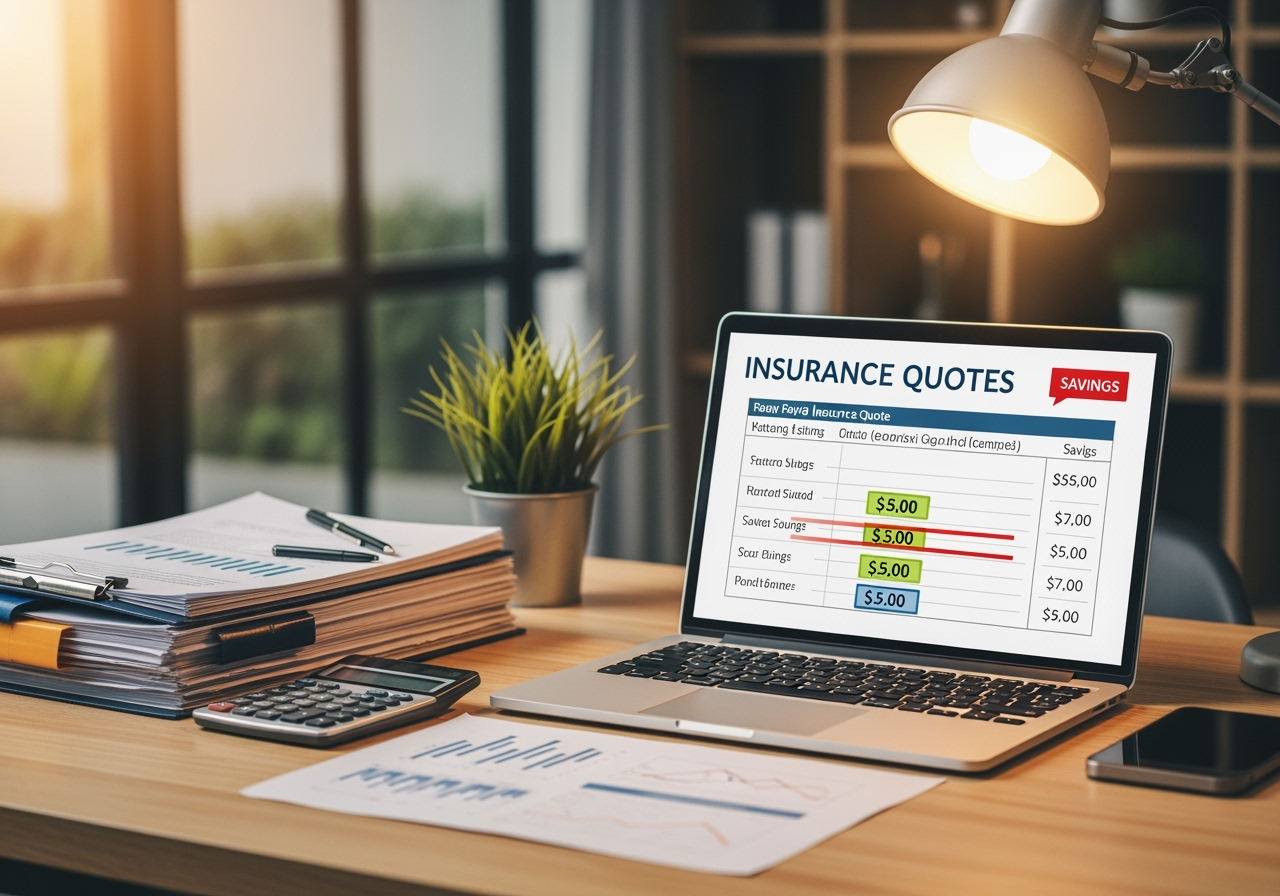 Laptop displaying insurance quotes comparison on a desk with financial documents and calculator, representing life insurance carrier options