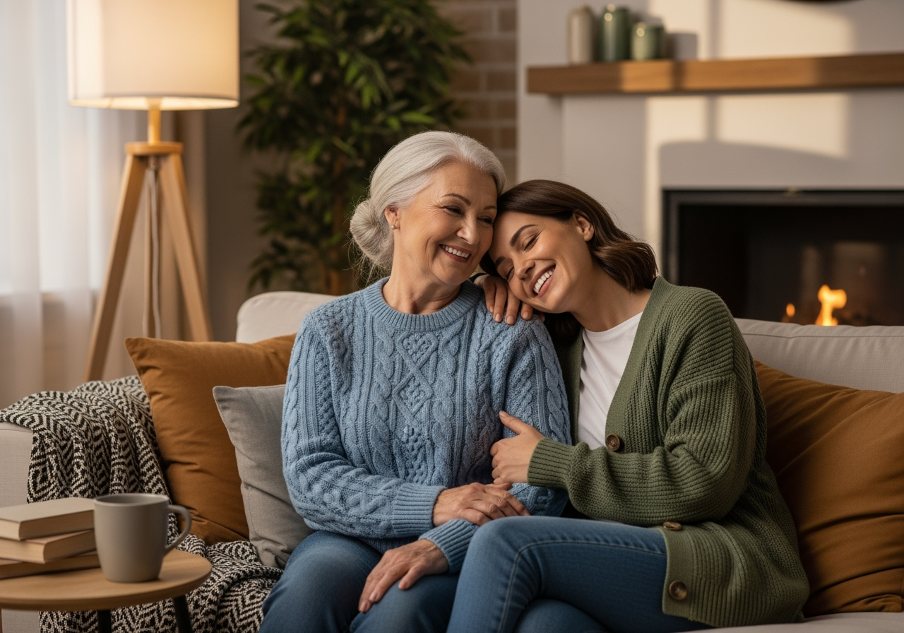 Senior woman and adult daughter sharing a happy moment, symbolizing family trust and support