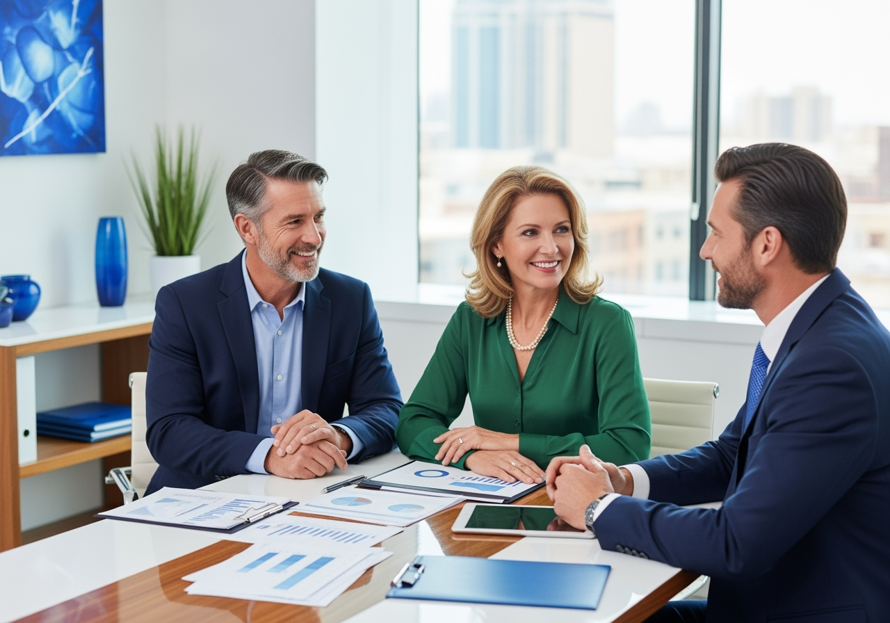 Financial advisor meeting with a smiling couple in a modern office, discussing indexed universal life insurance policy charts and options