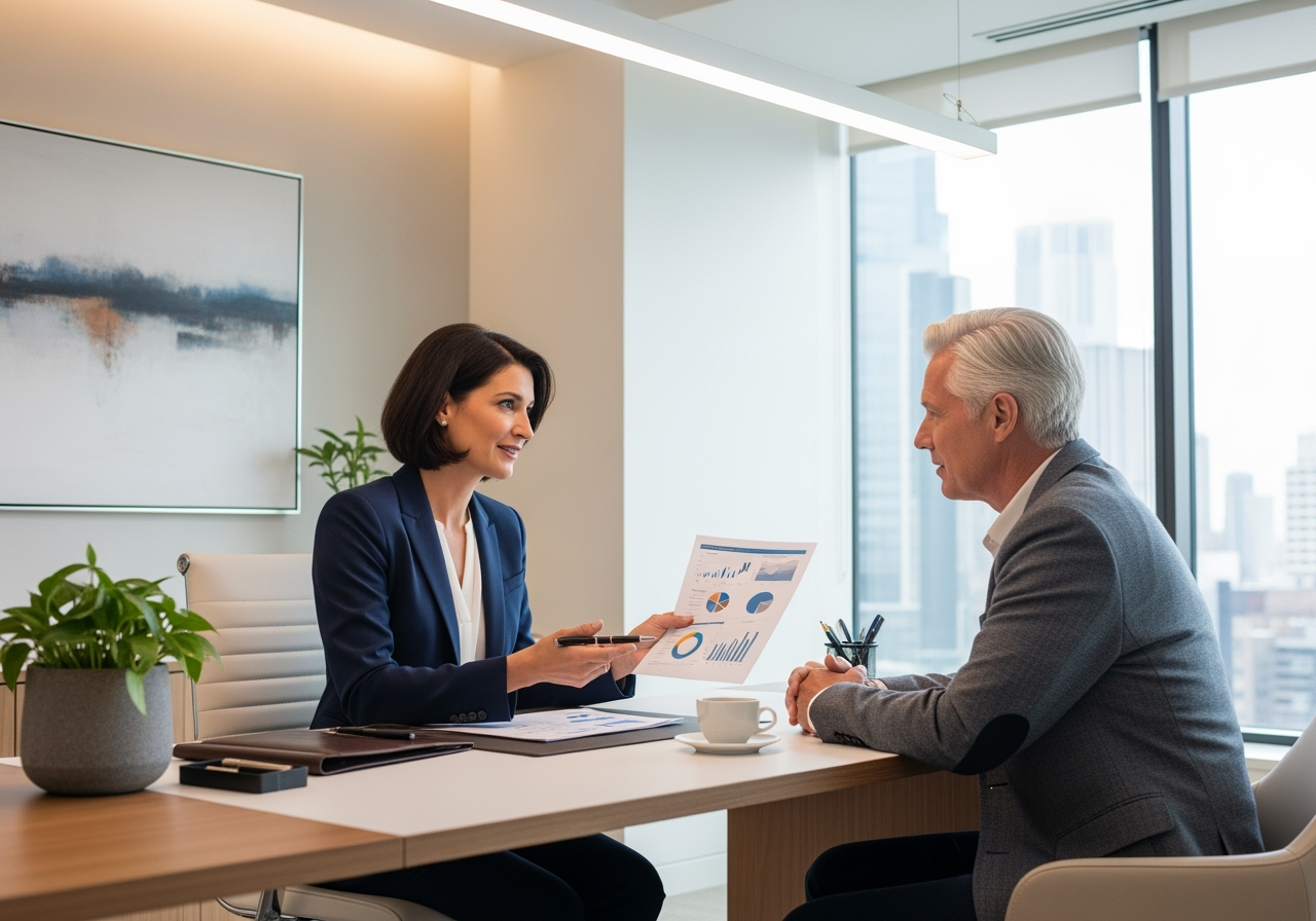 Financial advisor discussing indexed universal life insurance options with a client in a modern office, reviewing charts and graphs