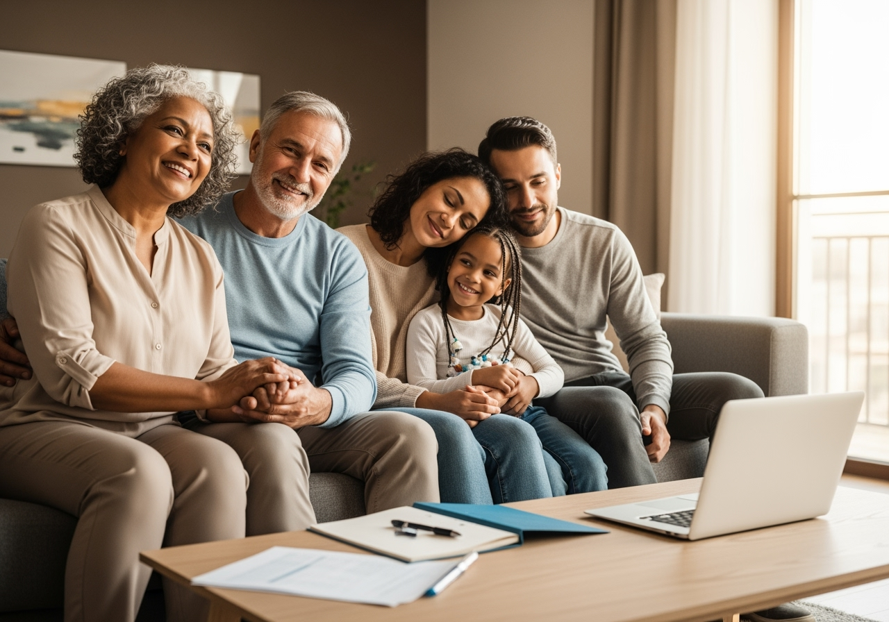 Smiling multi-generational family sitting together on a couch, ready to compare life insurance quotes online