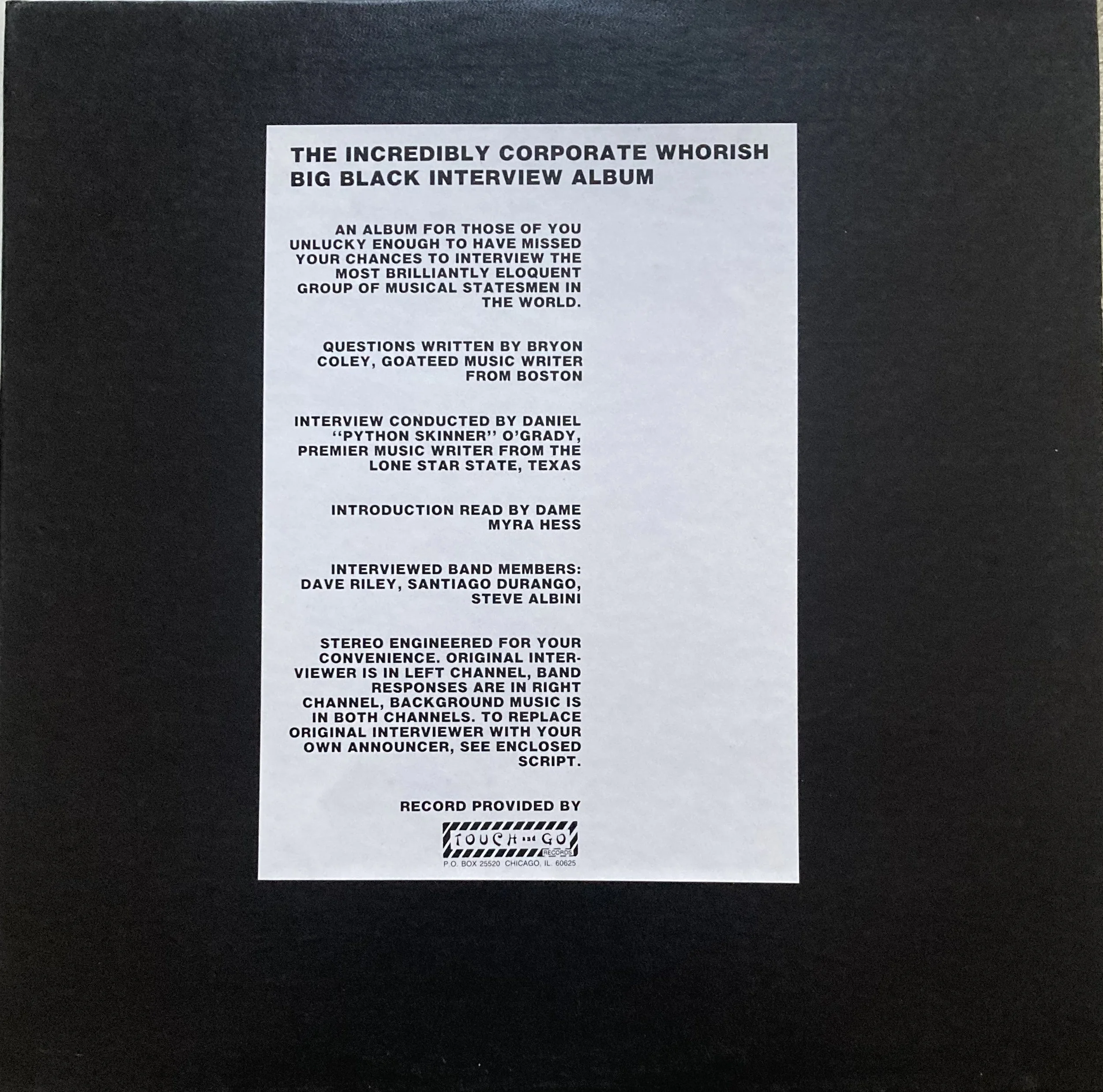 BIG BLACK "The Incredibly Corporate Whorish Big Black Interview Album"