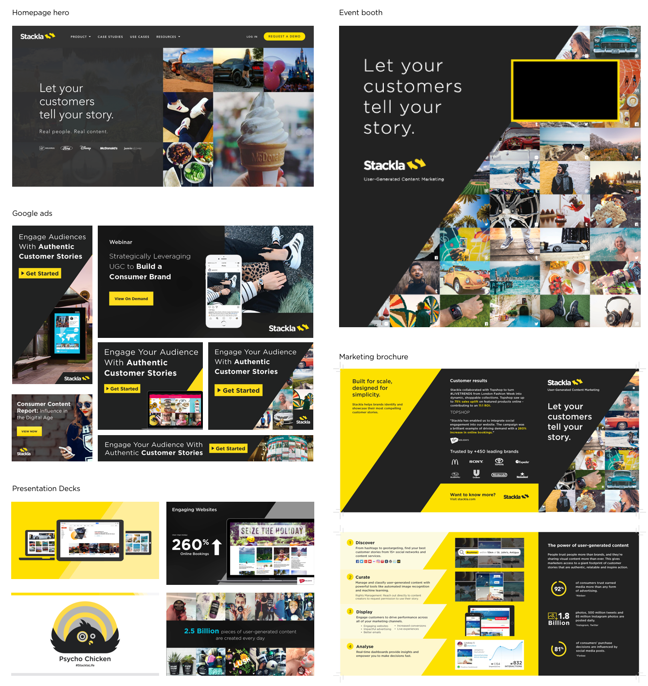 Their branding was high contrast, harsh and masculine. It relied heavily on the use of the brand yellow, the diagonal framing element, in-device mockups and UGC image mosaics. The color palette was very limited and distracting.