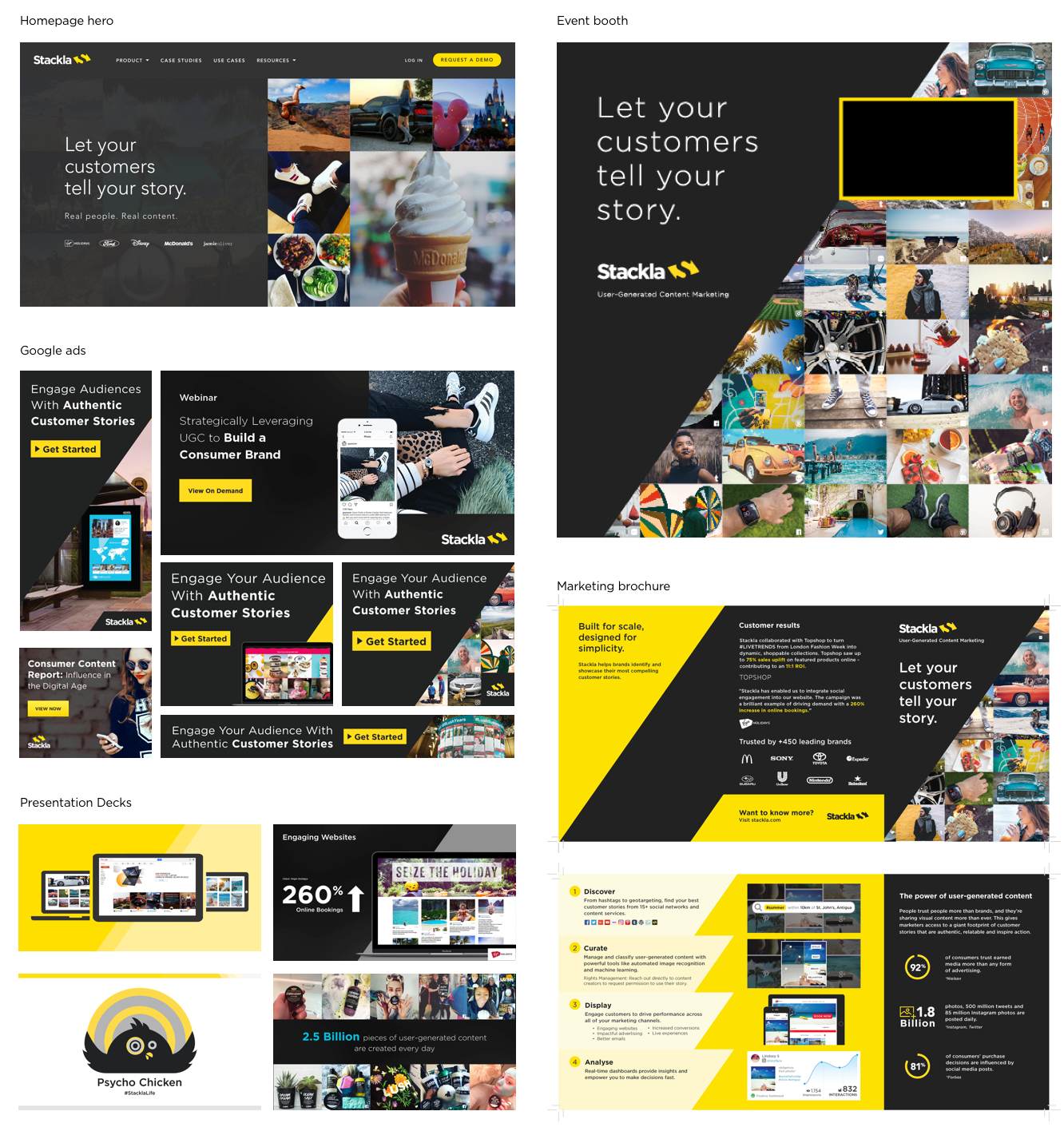 Their branding was high contrast, harsh and masculine. It relied heavily on the use of the brand yellow, the diagonal framing element, in-device mockups and UGC image mosaics. The color palette was very limited and distracting.