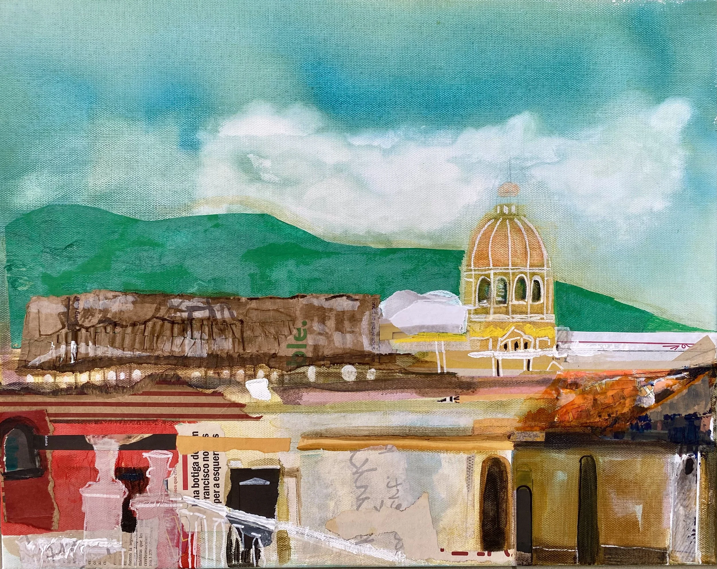“Desde la escalinata del museo San Francisco” Collage con acrílico 2025 41cm x 61cm