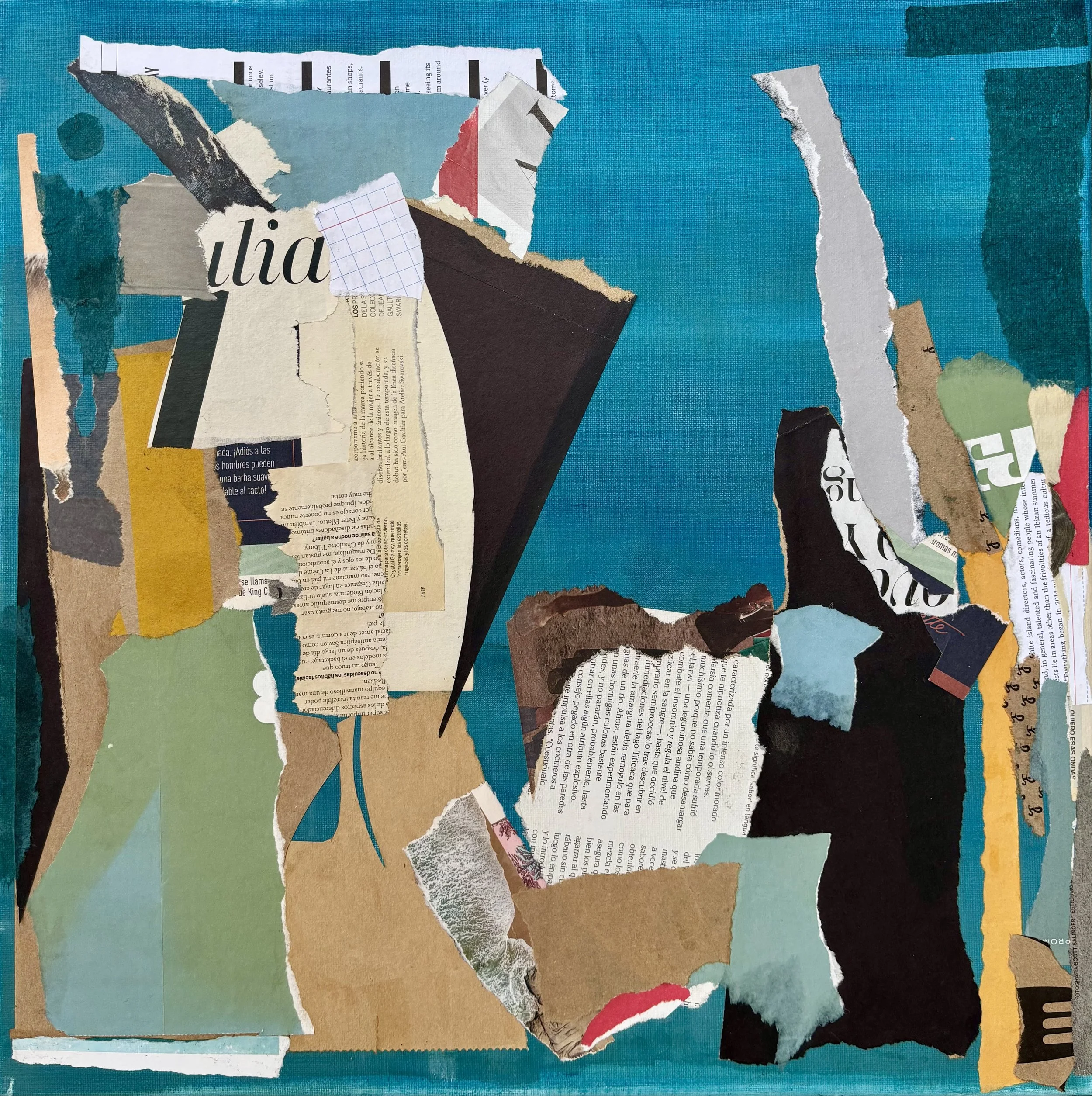 "Held together by blue" Series I.
Collage with acrylic on canvas, 2026
45 x 45 cm
