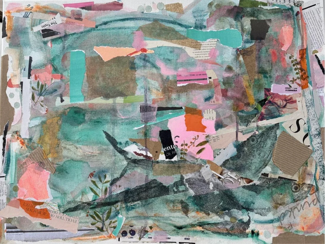 Serie Microplastic H2O III, 2025
Collage sobre tela (acrílico, papel)
46 x 56 cm