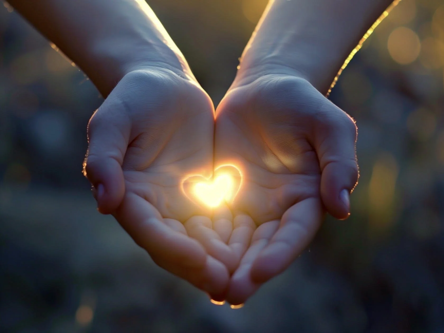 Hands forming a heart shape with a glowing heart symbol in the center, illuminated by warm sunlight.