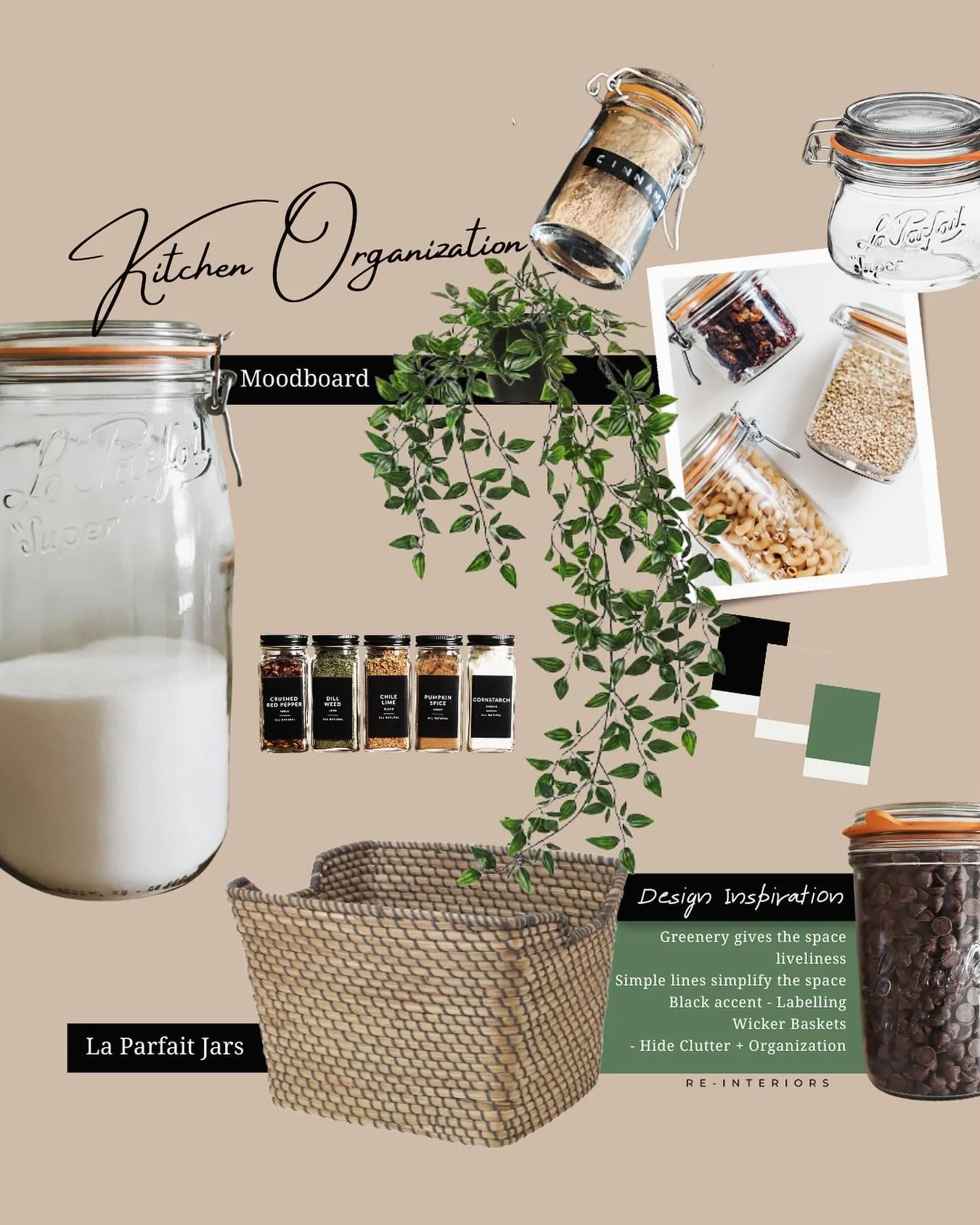 For #moodboardmonday , I'm excited to share a kitchen organization project I've been working on. It's a much-needed refresh aimed at bringing calm by simplifying the organization systems for my client. Working with the existing shelving and introduci