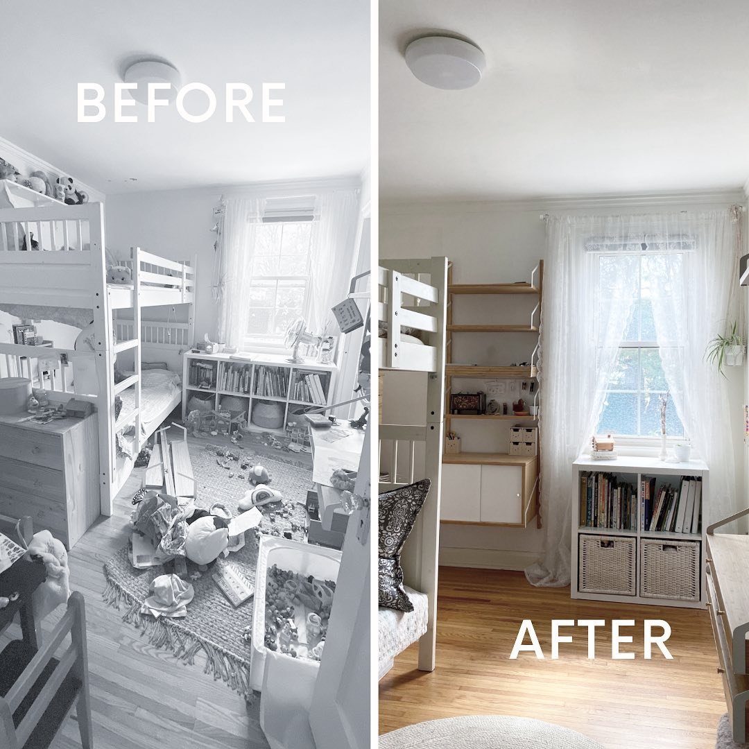 This was a fun last-minute and much-needed project we did over Labour Day weekend. Redesigning the girls' 88-square-foot shared bedroom into something they can thrive in and be proud of.

Before
&bull; Lots of little trinkets, and the desk is often c