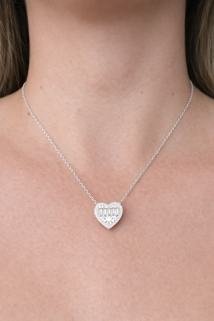Colar elos portugueses coração com baguetes e zircônias cravejadas em prata925