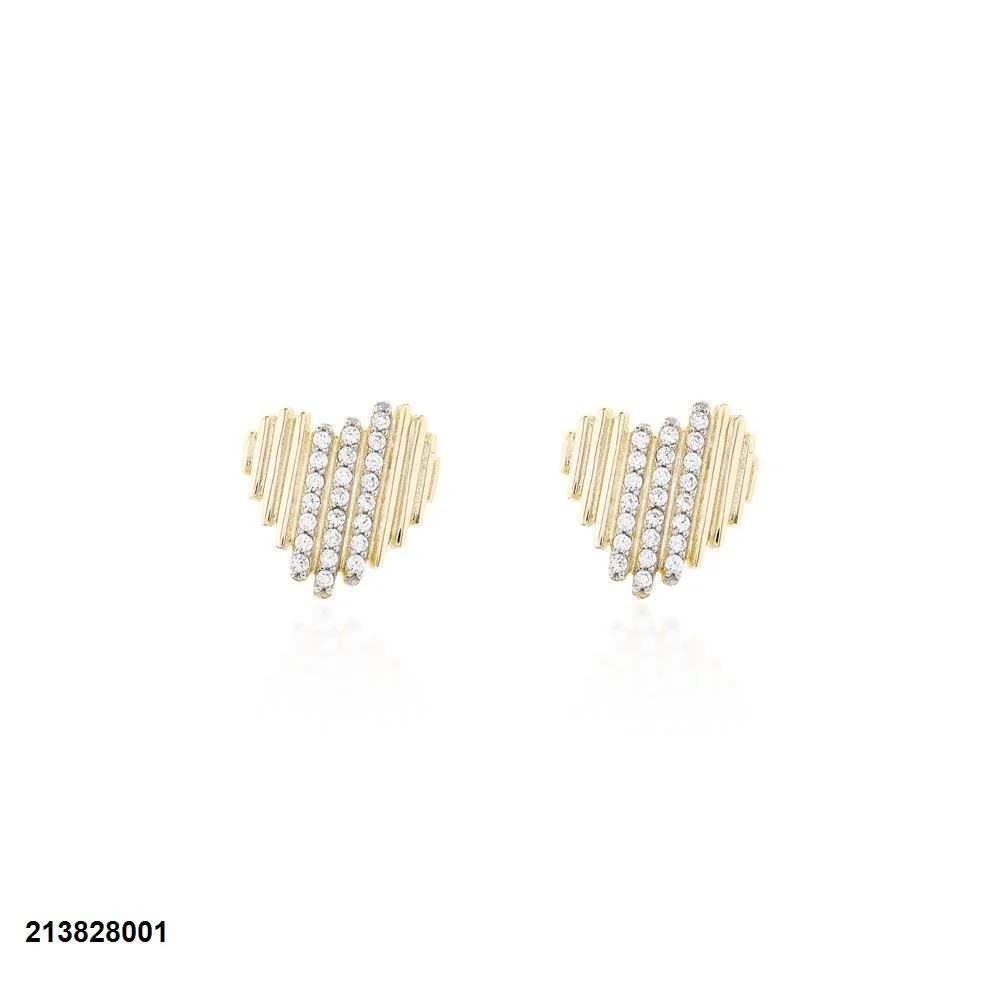 Brinco coração raiado liso com três fileiras cravejadas prata925 com banho de ouro 18K