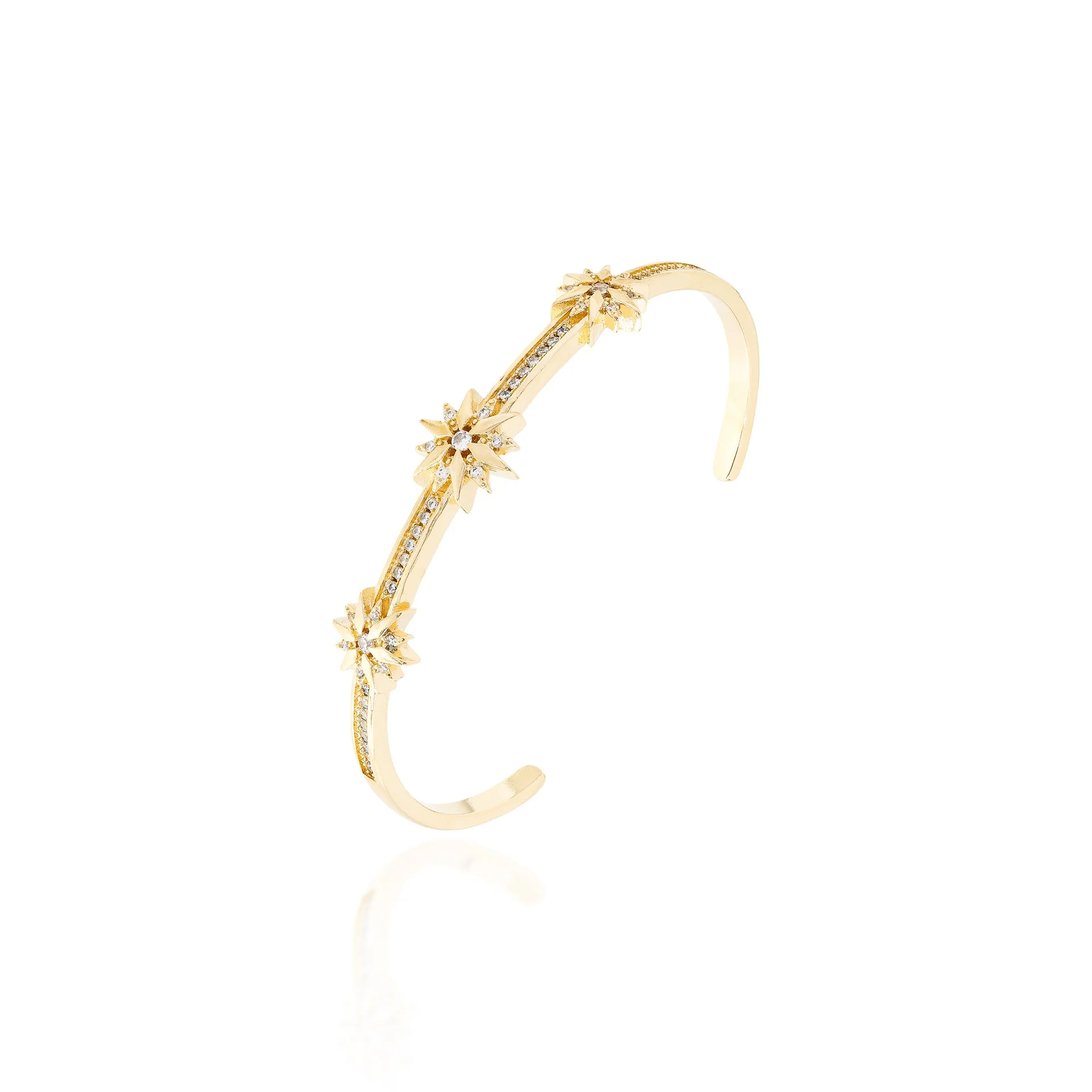 Bracelete 3 estrelas doze pontas com ponto de luz e cravação em banho de ouro 18K