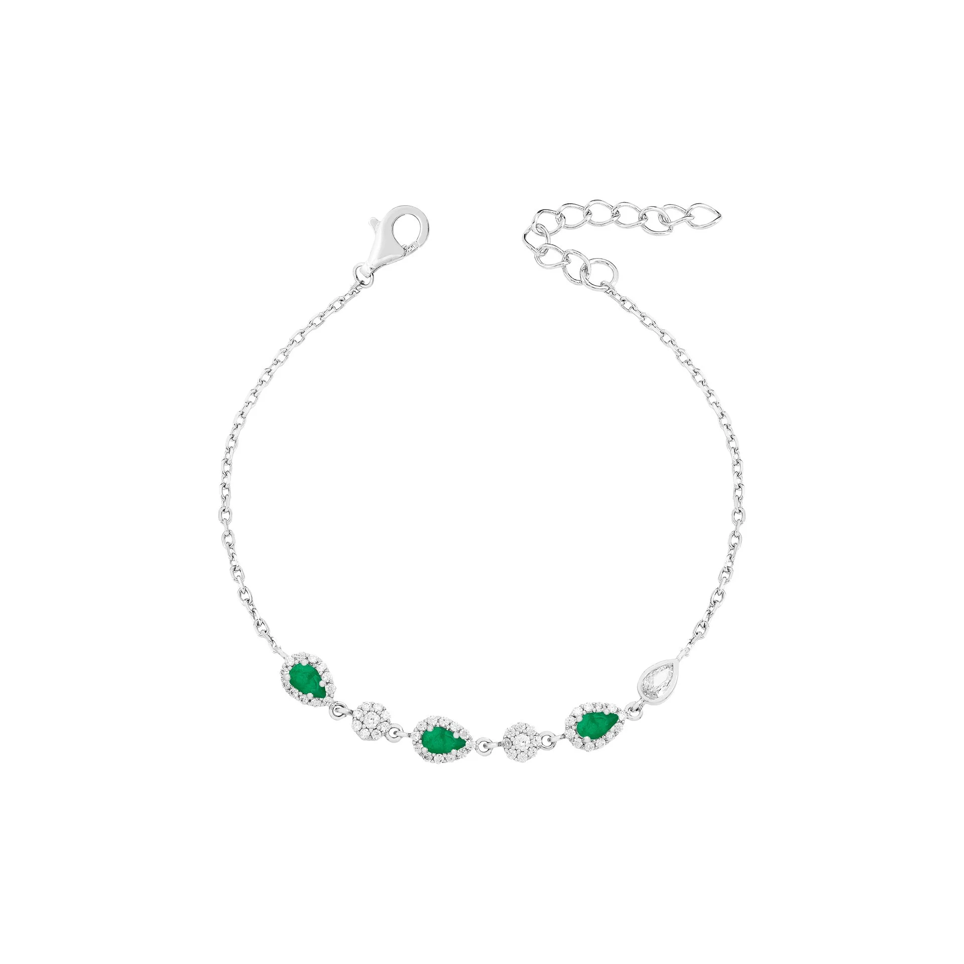 Pulseira elos portugueses 3 gotas esmeralda e flores intercalando com banho de ródio