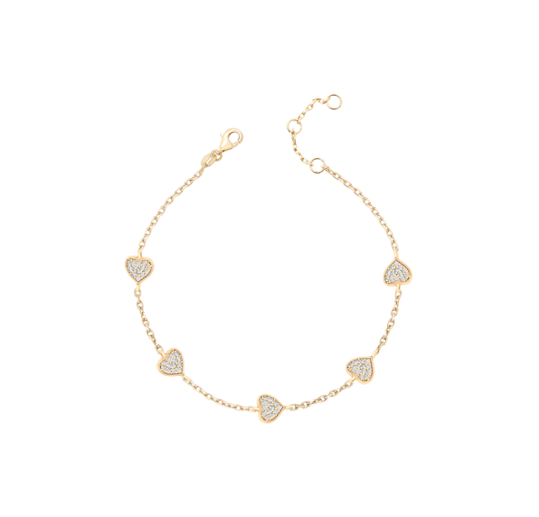 Pulseira cinco corações Cravejados em prata925 com banho de ouro 18k