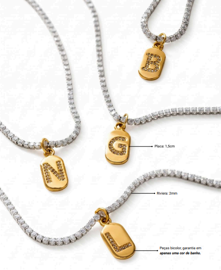 Colar riviera com pingente de letra cravejado em zircônias personalizado no ródio e banho de ouro 1K