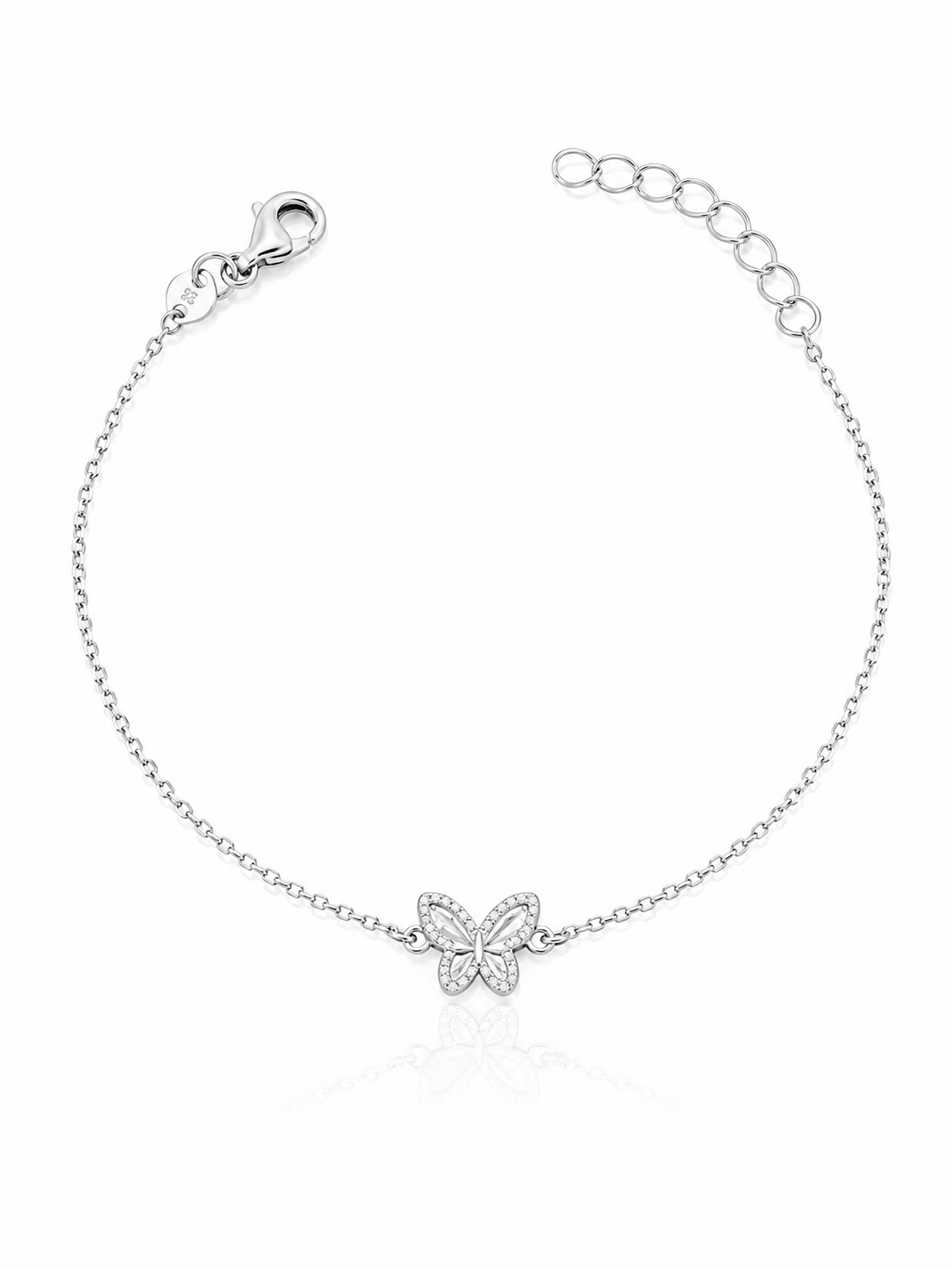 Pulseira mini borboleta riscada com bolinhas em volta em prata925