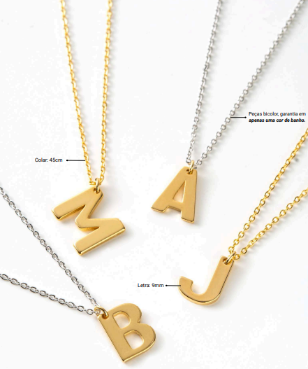 Colar letra personalizável no banho de ouro 18K e ródio