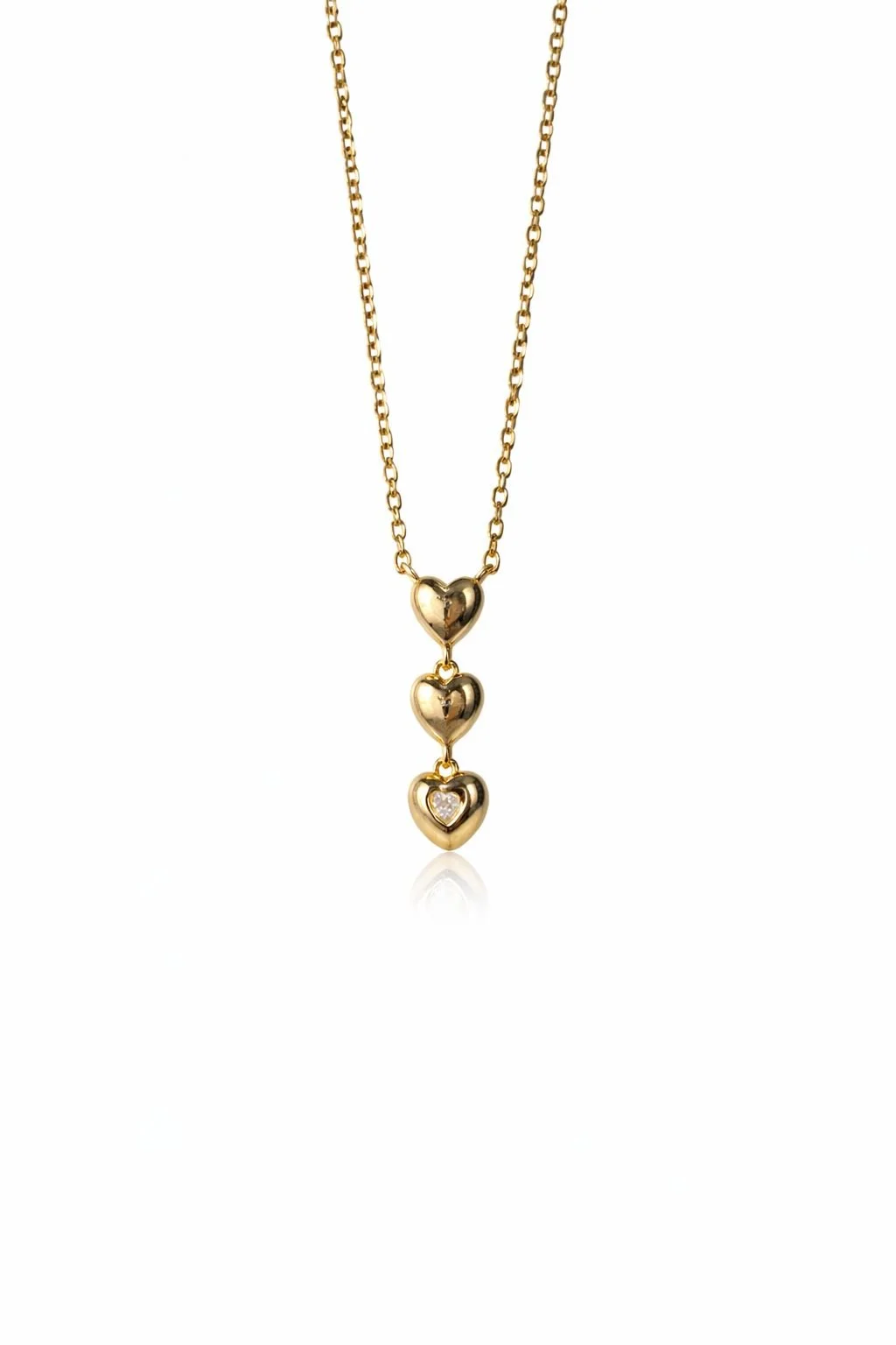 Colar três corações pendurados dois lisos e um cravação yellow fancy em prata925 com banho de ouro 18K