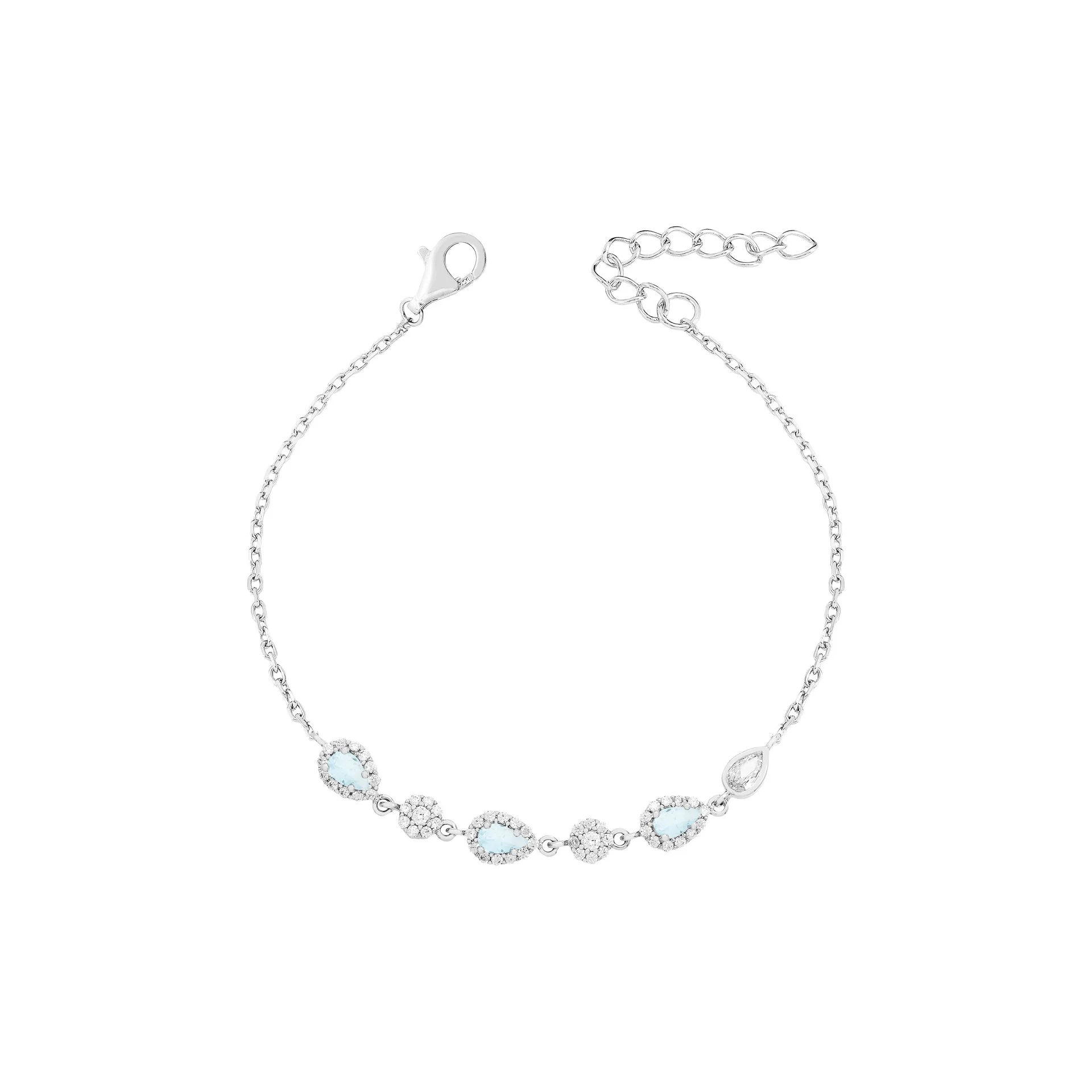 Pulseira elos portugueses 3 gotas acqua marine e flores intercalando com banho de ródio