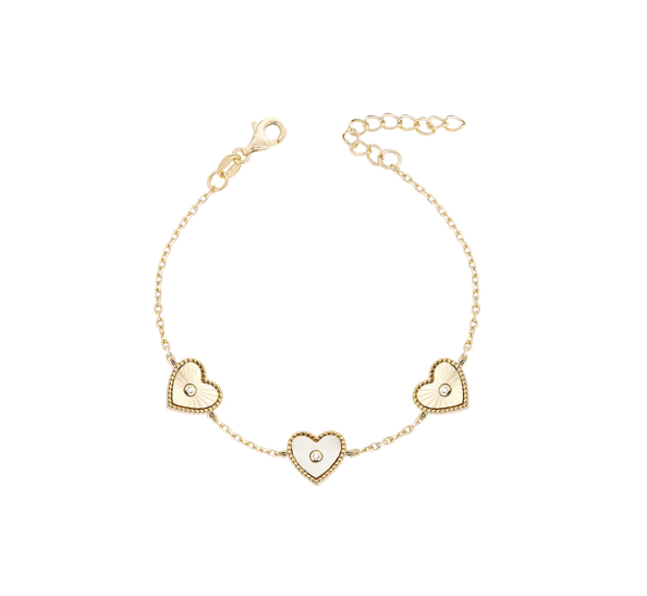 Pulseira três corações com madrepérola em prata 925 com banho de ouro 18K