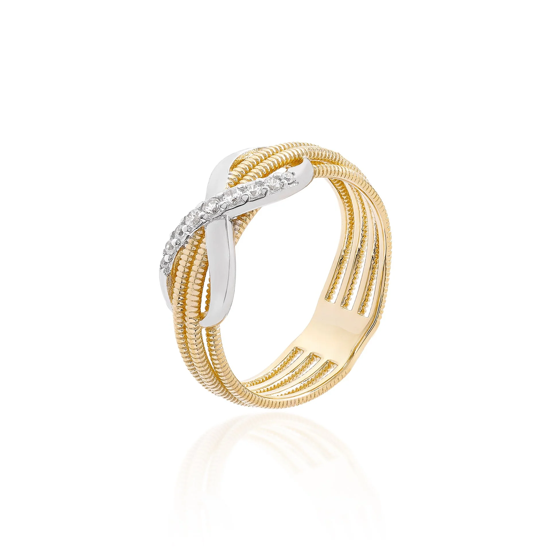 Anel estilizado quatro fileiras com infinito central prata925 com banho de ouro 18K - tam 16