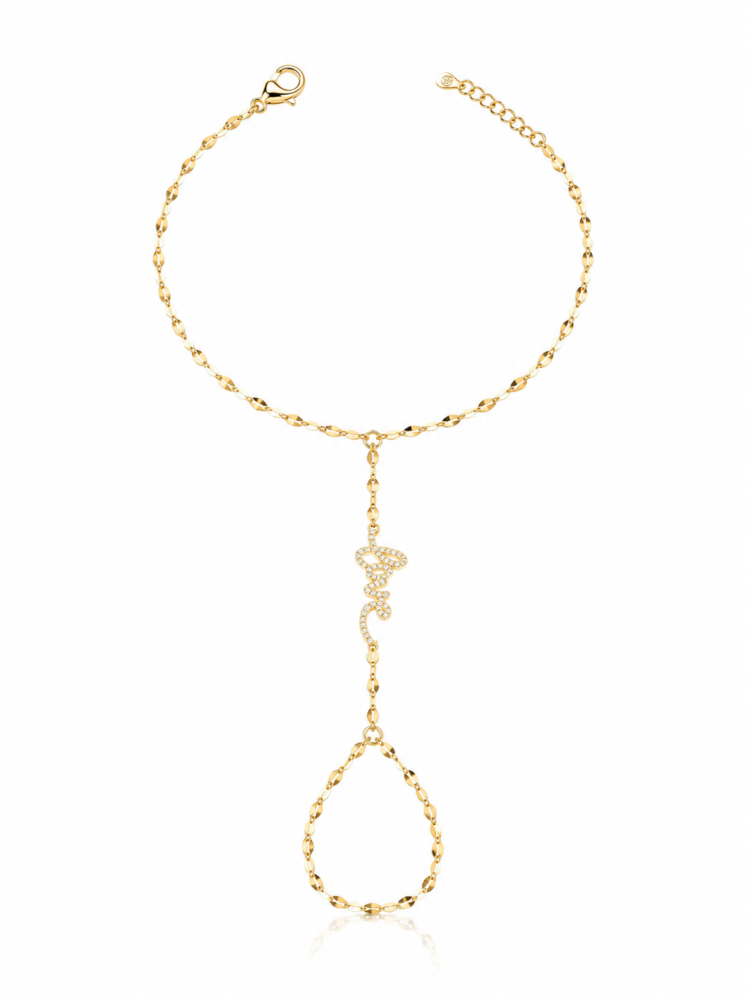 Hand chain plaquinha arredondada love cravejado em prata925 com banho de ouro 18k