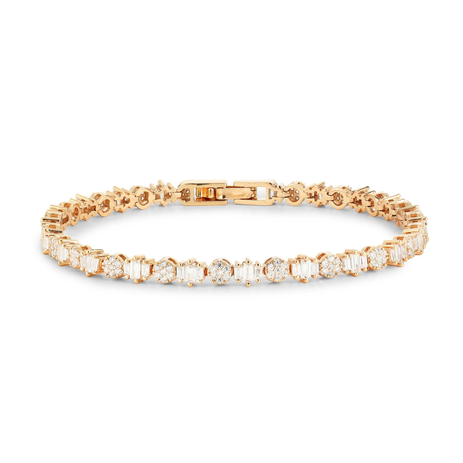 Pulseira riviera baguete intercalando com ponto de luz redondo 1mm com banho de ouro 18K