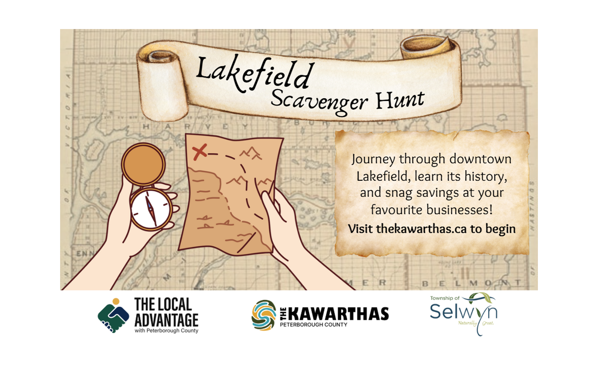 Map-themed promotional graphic for Lakefield Scavenger Hunt encouraging journey through downtown Lakefield to learn its history and find deals, featuring a hand holding a compass and a treasure map, with logos of local organizations at the bottom.