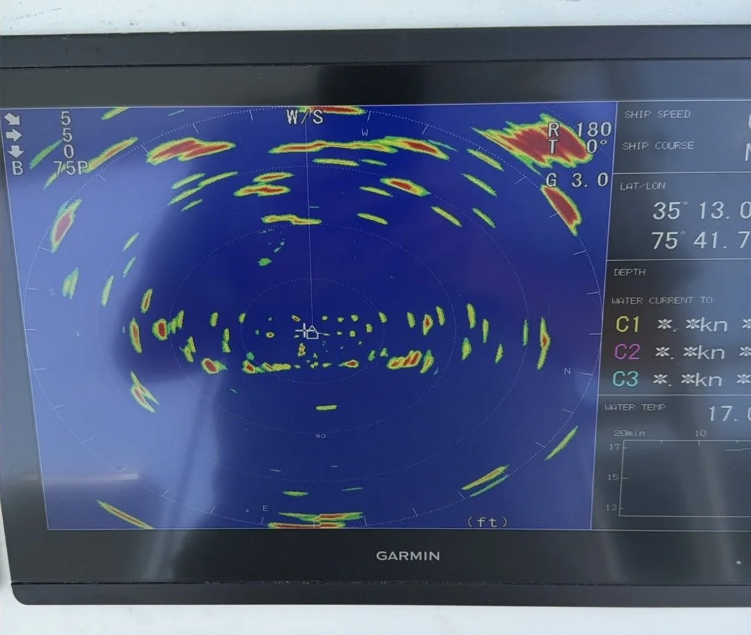 A omni sonar screen able to see bait, individual fish and schools of fish patterns 360 degrees around a boat, with navigation and water data on the side.