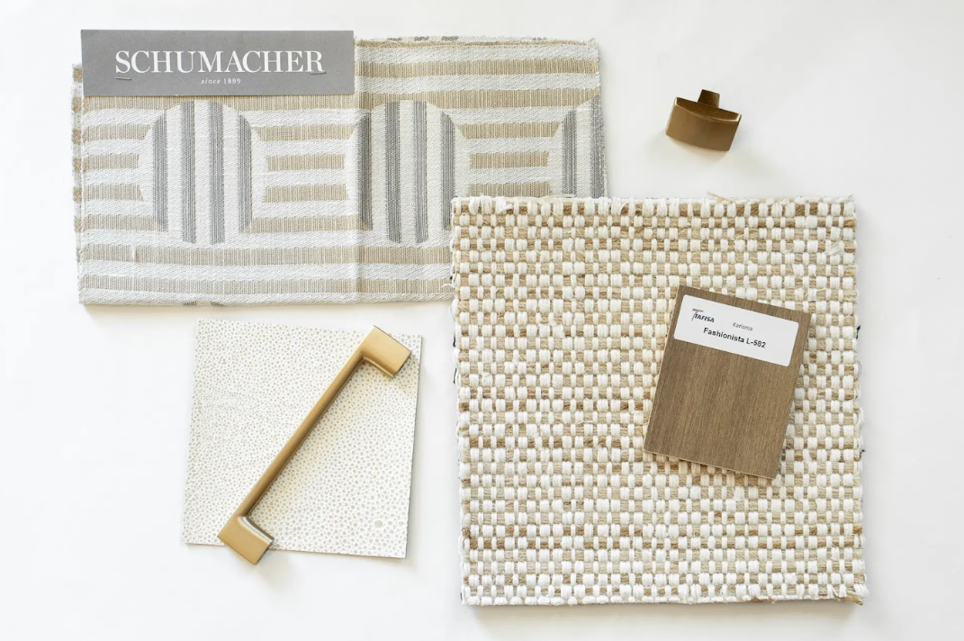Interior design fabric samples, hardware, and color swatches on a white background.