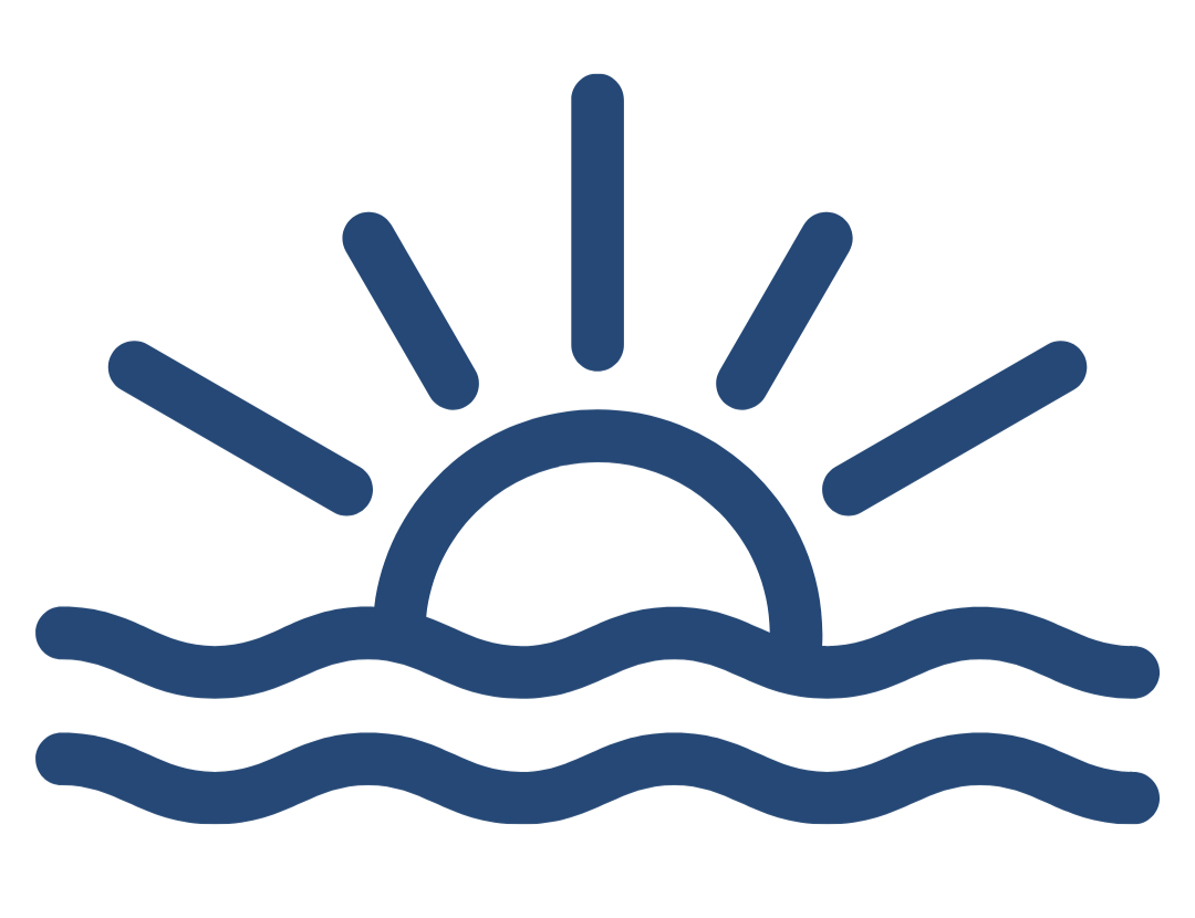 Icon of a sun rising over water with rays extending outward.
