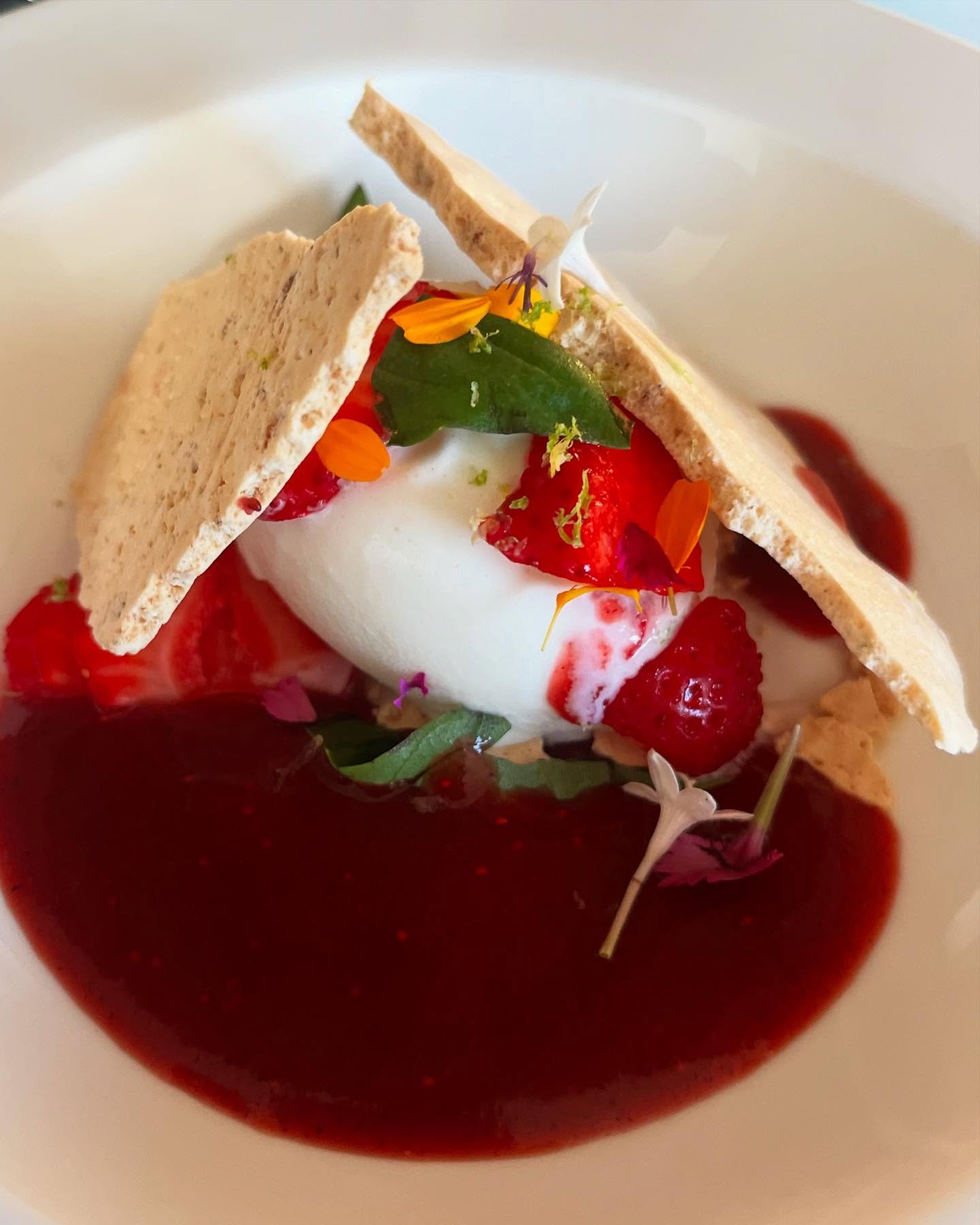 Strawberry &amp; Basil Gazpacho, Fresh Cream Gelato &amp; Nutty Meringue 🍓🌿
A chilled strawberry and basil soup paired with homemade fresh cream gelato. Topped with citrus-marinated strawberries, a crisp meringue with toasted coconut, dried apricot