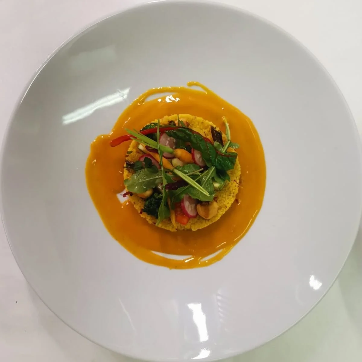 Sun Harvest &ndash; Spiced Couscous with Tropical Gazpacho 🥭🥕 Whole grain couscous scented with Moroccan spices, mixed with farm-grown carrots, radishes, rainbow chard, zucchini,cherry tomato and toasted walnuts. Served with a chilled gazpacho of m