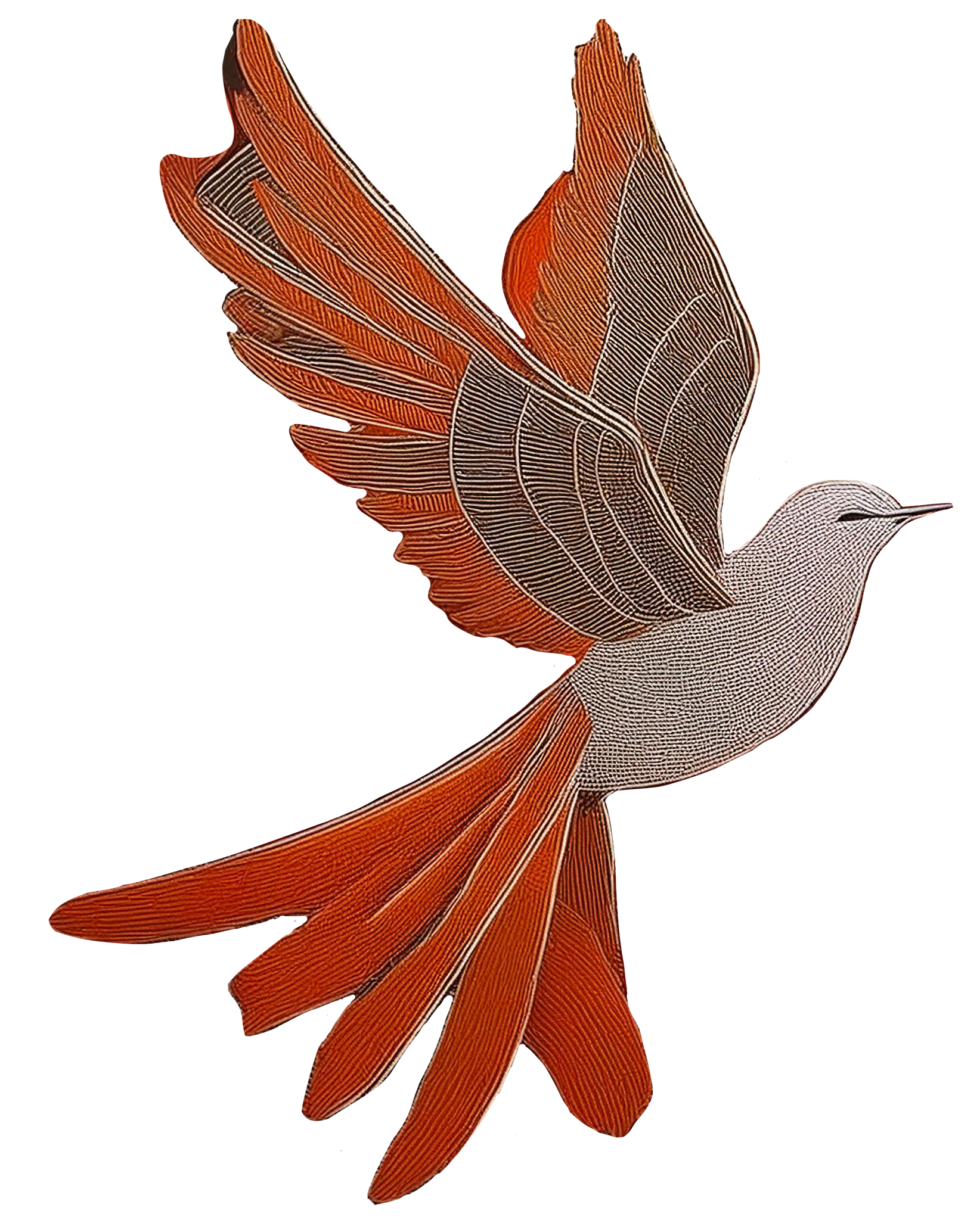 An animated image of an orange and grey bird with spread wings, in flight