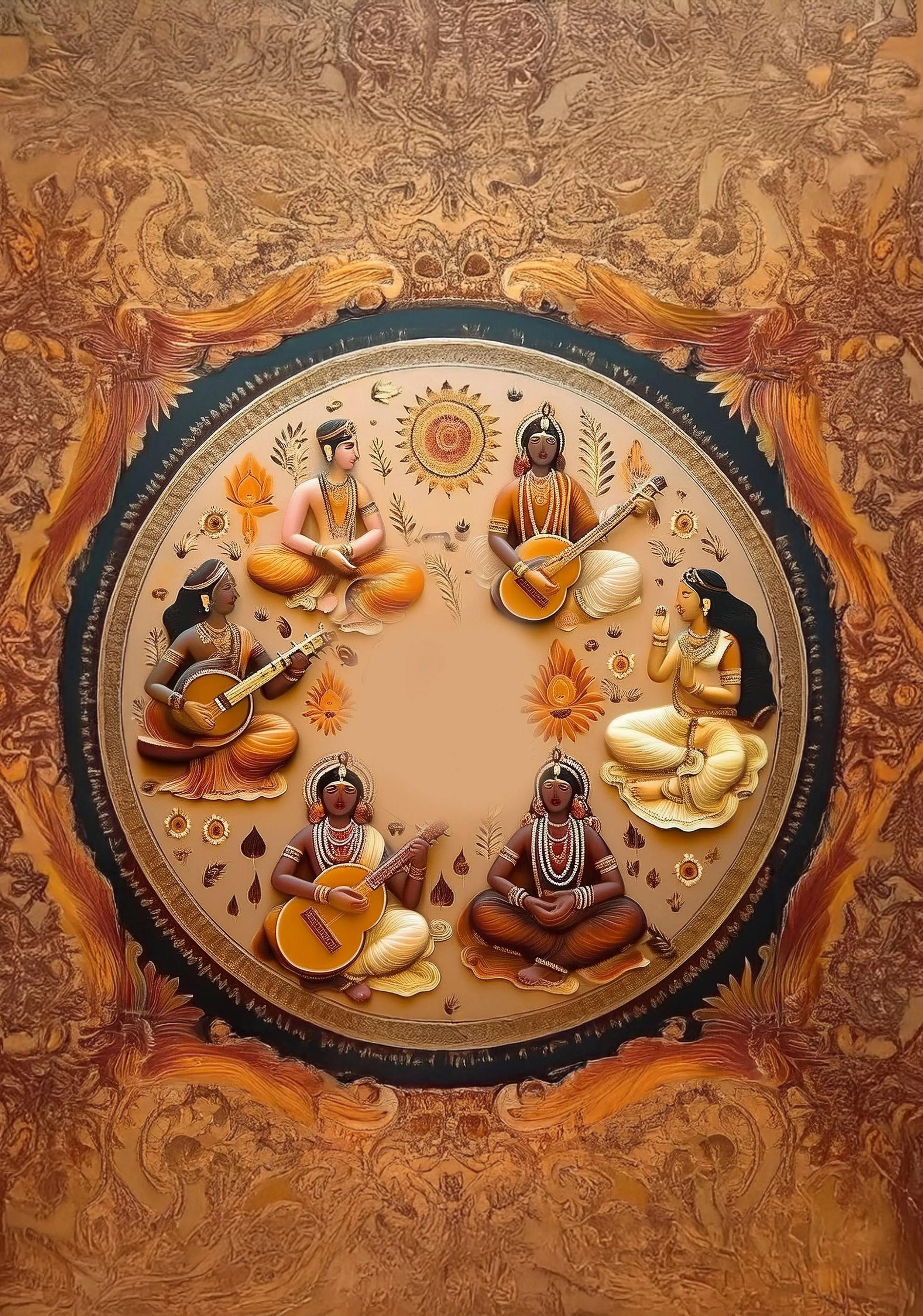 A circular animated image of six musicians sitting in a circle, with three of them holding guitars